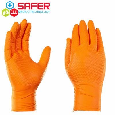 Industrial Work Nitrile Orange Diamond Textured Gloves