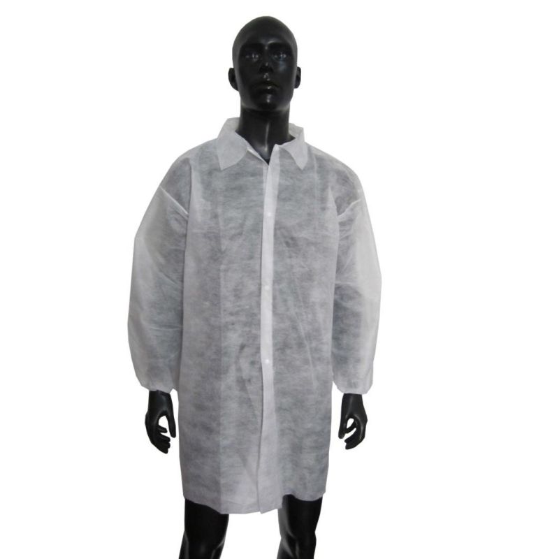 Disposable Medical Lab Coat White Art Smock Knit Cuffs with Double Collar