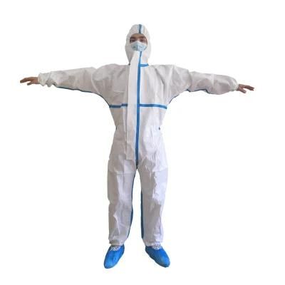 PPE Hazmat Suit Coverall Disposable China Shandong White Protective Clothing with Blue Seam Tape