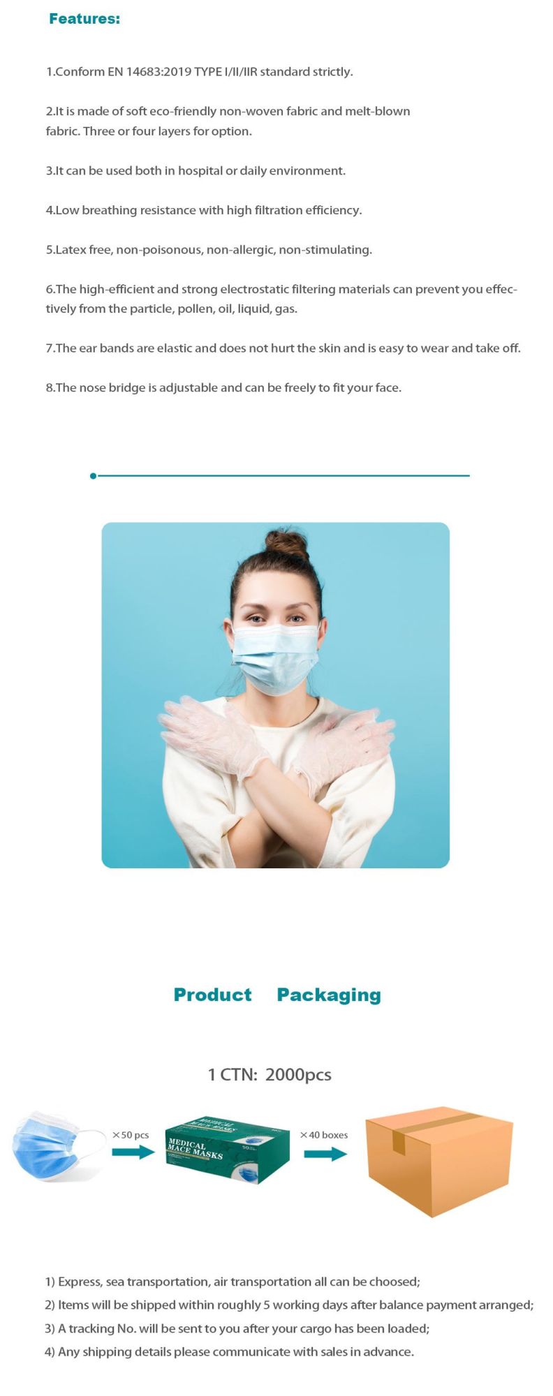 PPE Face Mask Made in China Disposable 3 Ply Extra Soft Spunbond Non-Woven Fabric Anti-Splash/Virus Type I/II/Iir Respirator Face Mask