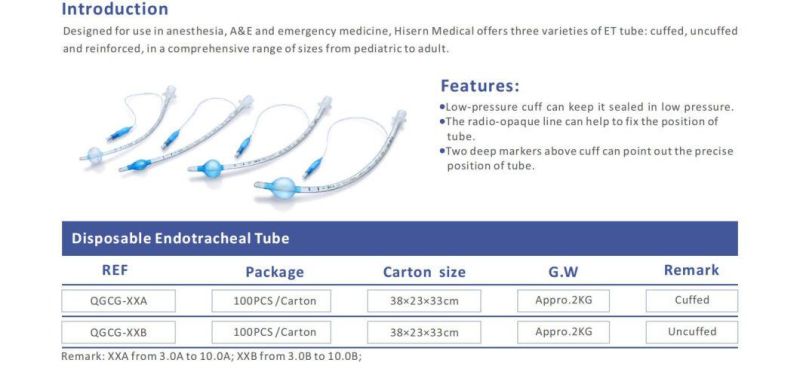 Two Deep Markers Above Cuff Disposable Endotracheal Tube