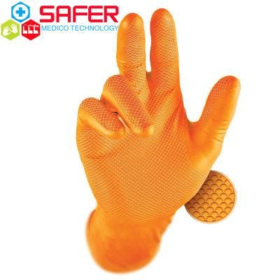 Non Powder Disposable Orange Diamond Textured Nitrile Gloves
