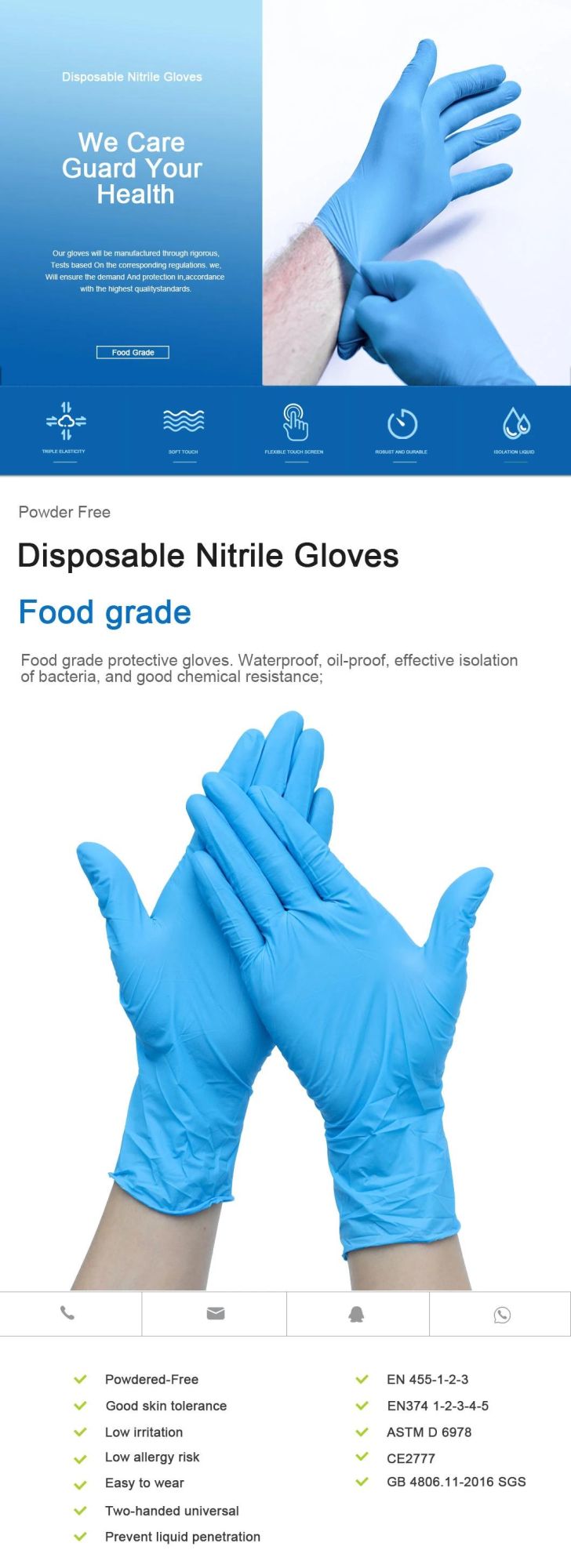 Powder Free Disposable Blue Foodgrade Nitrile Disposable Gloves