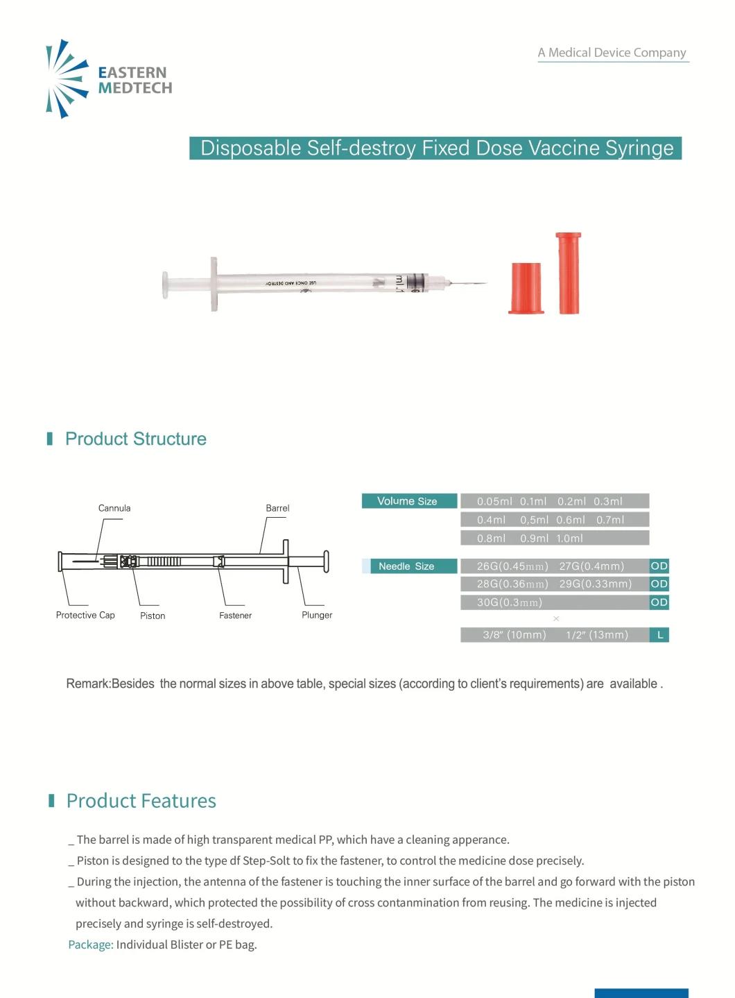 Disposable Medical Device High Quality Ad Self-Destroy Fixed Dose Vaccine Syringe 0.1ml