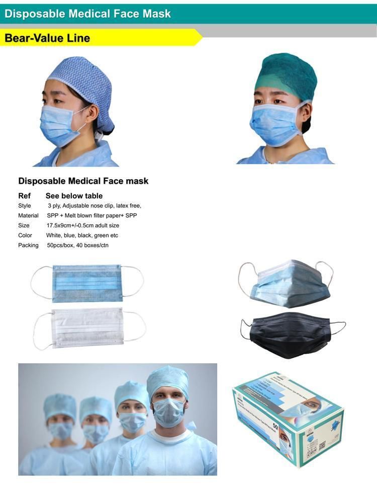 CE Certified Nonwoven Disposable Type Iir En14683 Bfe99% Surgical Medical Black Civil Face Mask with Earloop China White List Supplier