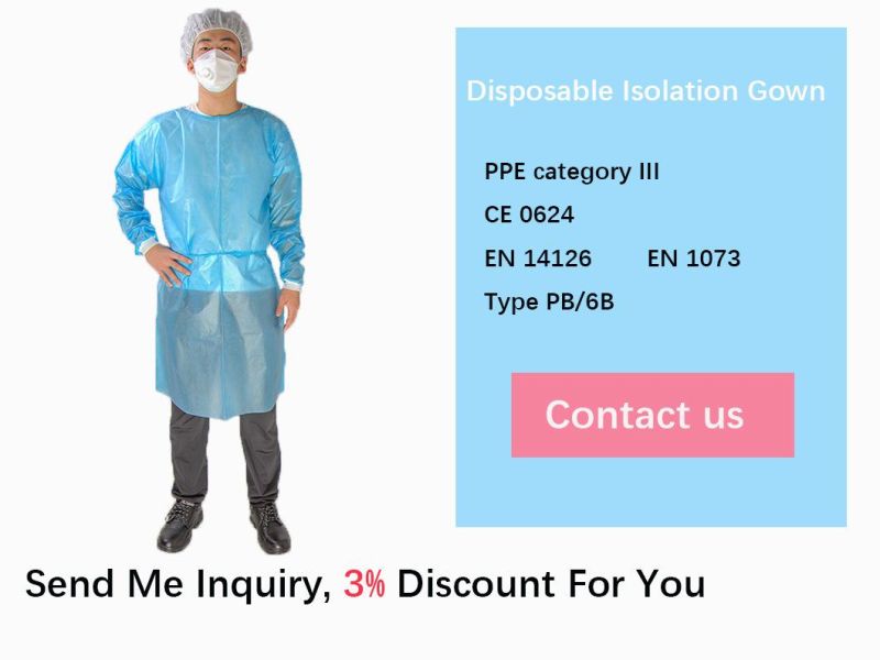 Level 1 2 3 PP Laminated SMS CPE Polypropylene Waterprooof Knitted/Elastic Cuff Fluid Resistant Disposable Surgical Medical Blue Isolation Gown