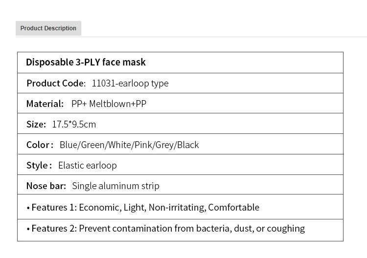 Hot Sale En14683 Bfe99 Earloop Elastic Nonwoven Protective PP 3 Ply Face Mask
