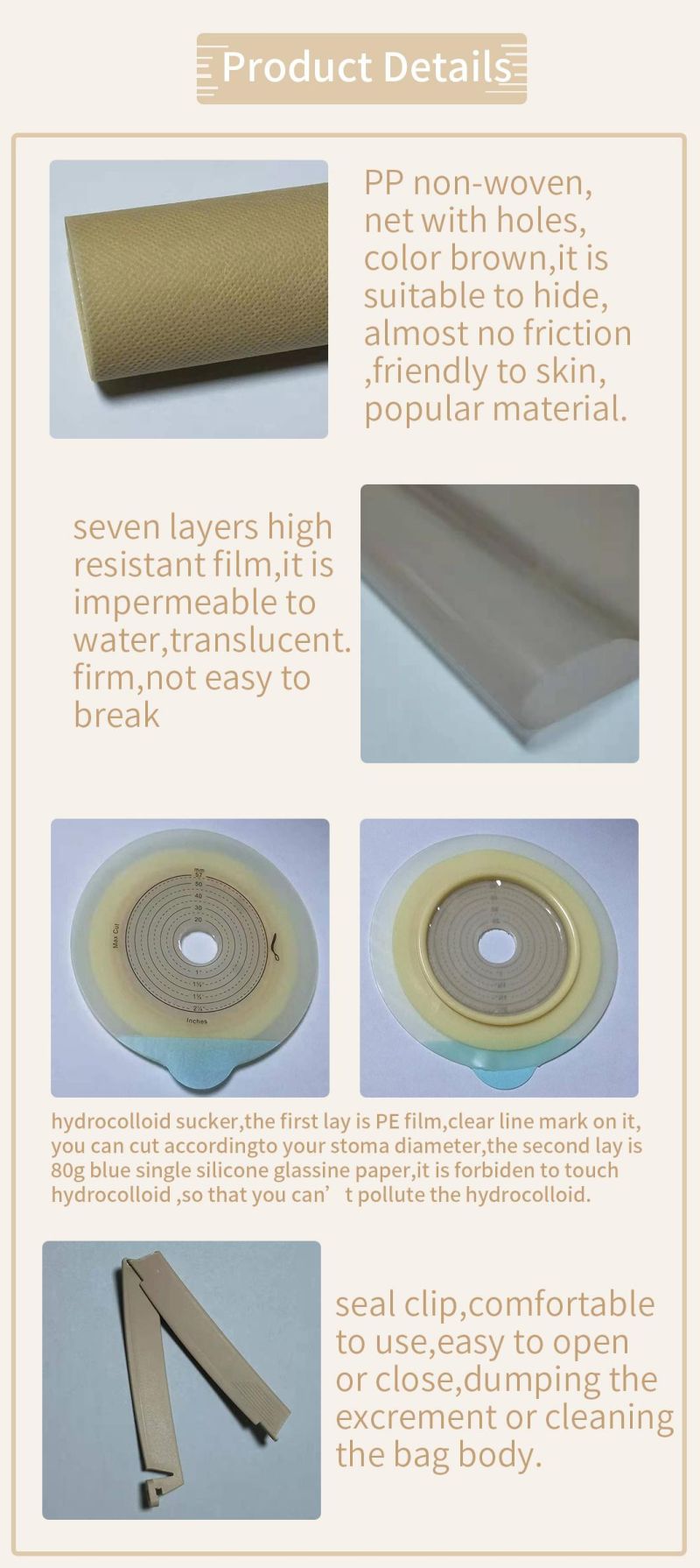 Material Medical Equipment Two Piece Ostomy Hydrocolloid Bag Easy to Use with Seal Clip