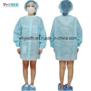 Disposable nonwoven lab coat, SMS/SBPP/PP lab coat, visitor coat with knitted cuff and collar