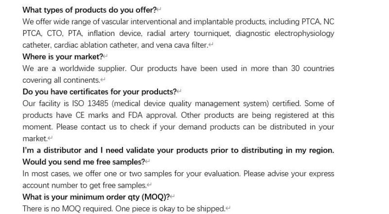 FDA High Pressure/Non Complaint Balloon Dilatation Catheter