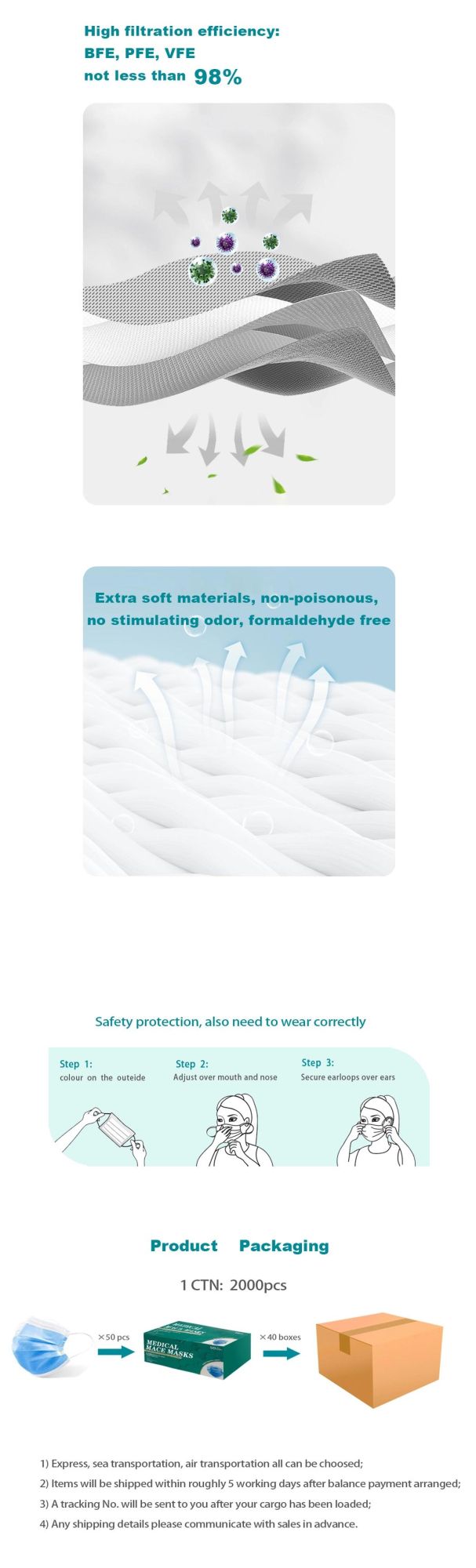 Factory Adult Latex Free Disposable 3 Ply Melt-Blown Fabric Surgical Mascarilla