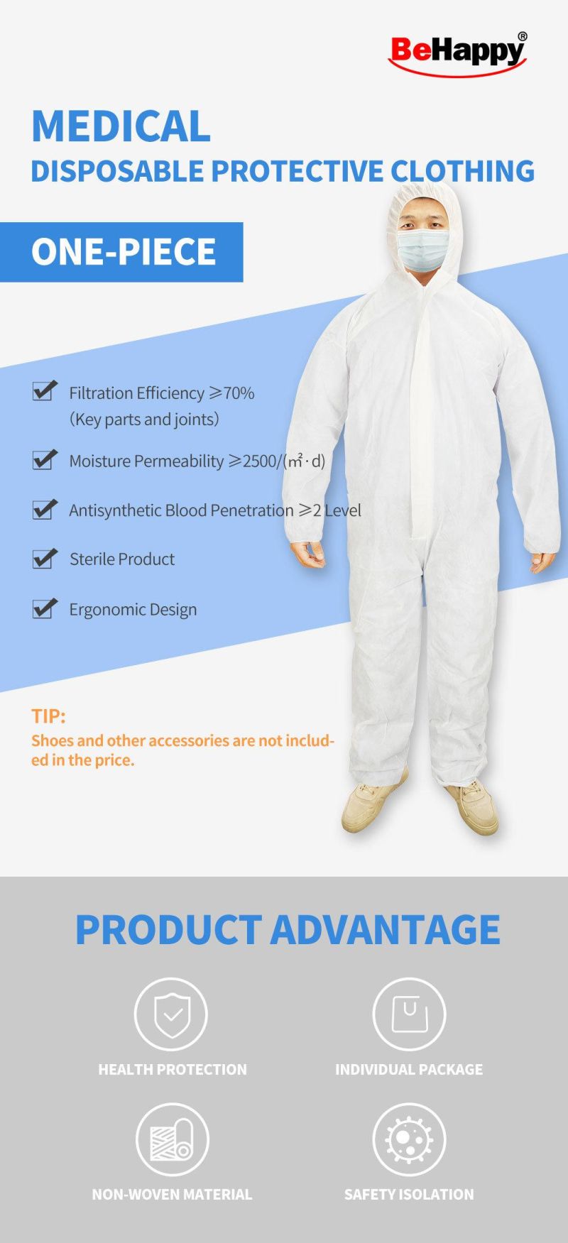 Disposable Isolation Gown White with Elastic Cuff Splash Resistant with Hood (Medium)