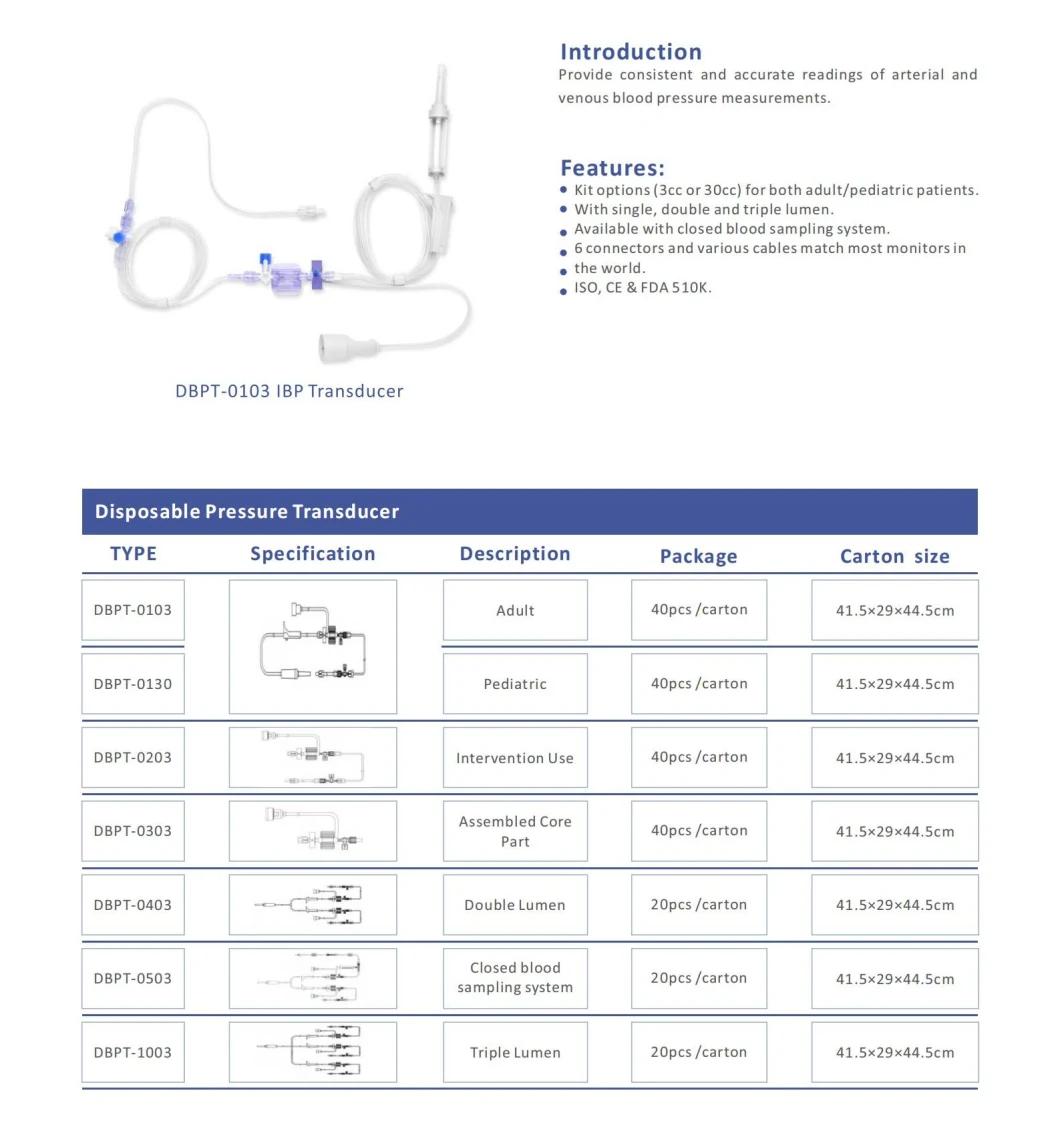 China Factory Surgical Medical ISO, CE & FDA 510K. Dbpt-0103 IBP Transducers