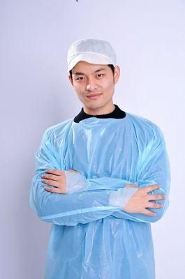 Blue CPE Isolation Gowns with Thumb up