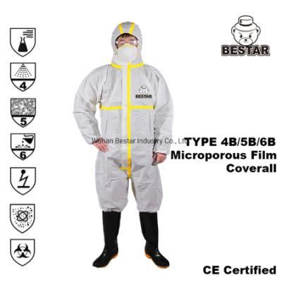 Disposable Microporous Film Type 4b/5b/6b En14126 Virus Bacteria Protection Hospital Coverall with Tape Seam