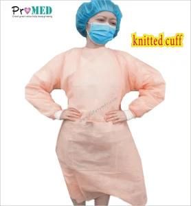 Manufacturer supply medical nonwoven/SMS/PP+PE impervious disposable isolation gown with knitted cuff