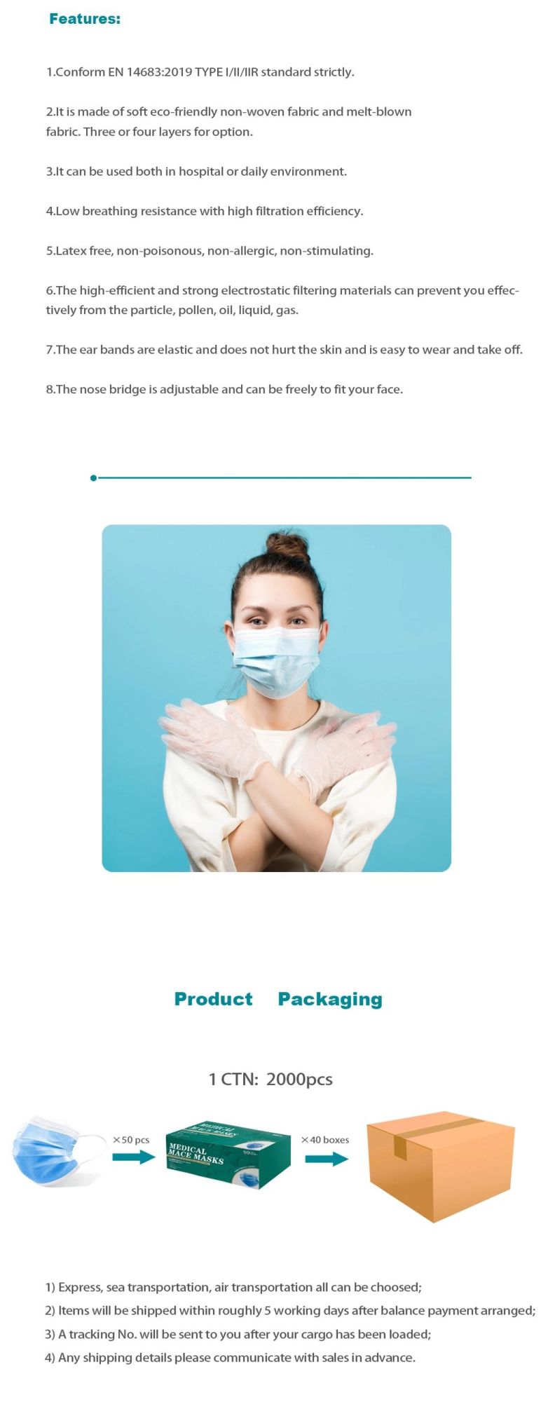 Shelf Life 2 Years Disposable 3 Ply Type I/II/Iir Mask