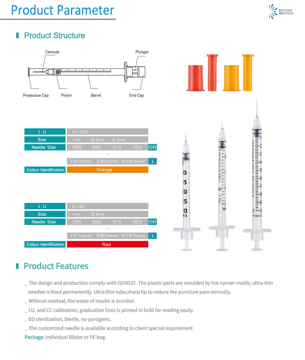 CE&ISO Certificated Medical Disposable Sterile 0.3ml 0.5ml 1ml Insulin Syringe