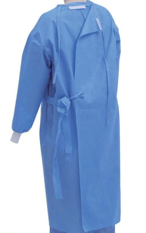SMS 40GSM, 45GSM Surgical Gown with Magic Tape/Ties at Neck, with 4 Waist Belts, Knitted Cuffs