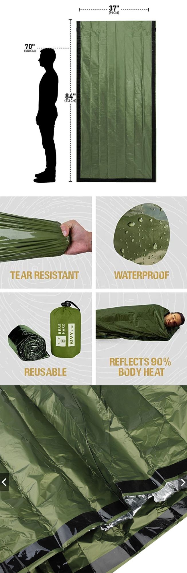 Hot Sale Outdoor Use Gold Silver Emergency Sleeping Bag