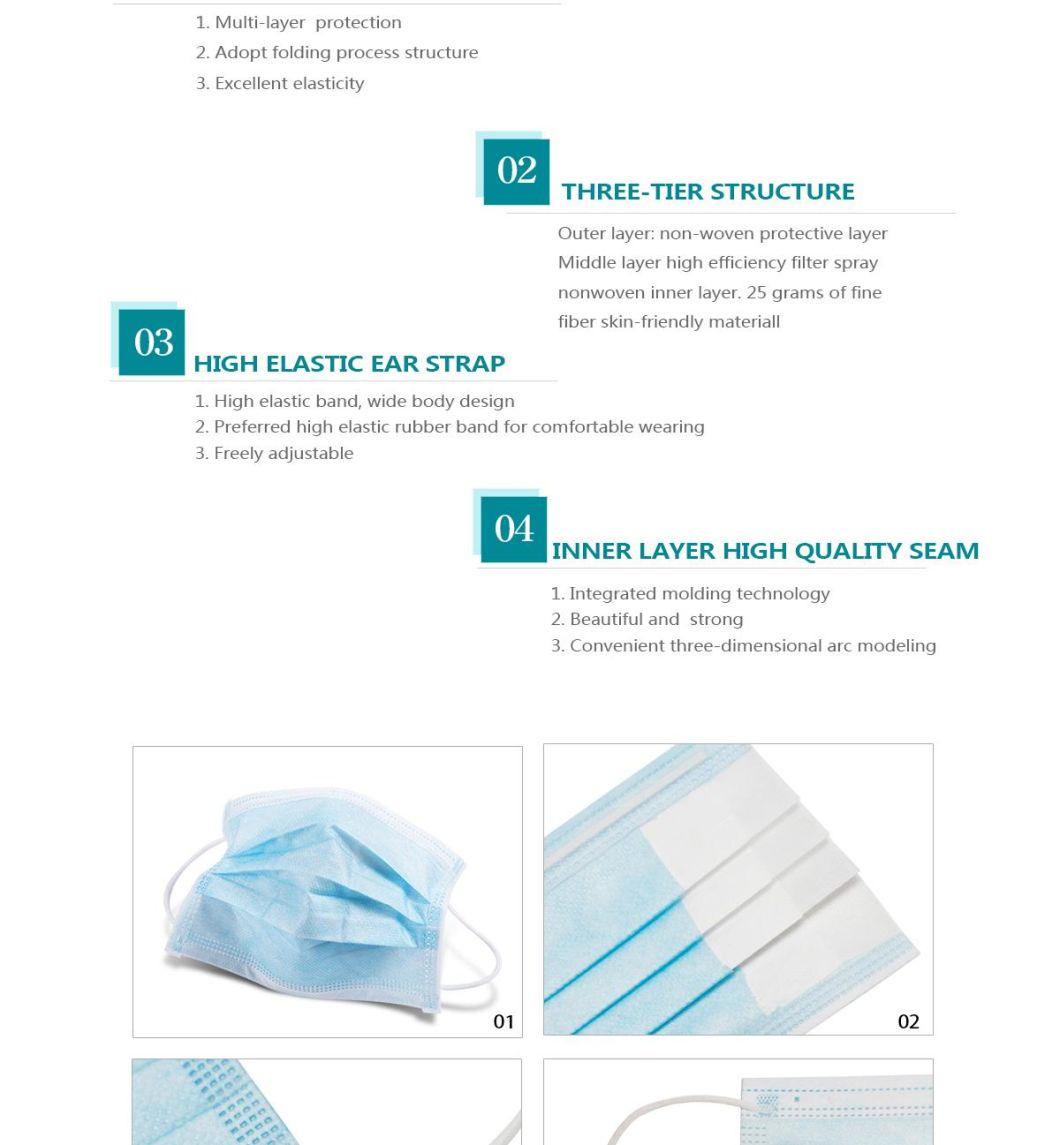 Hot Sell 3 or 4 Ply Disposable Elastic Earloop Anti Dust Becteria Virus Bfe 98% CE En14683 Type I Non-Woven Melt-Blown Fabric Adult Medical Face Mask