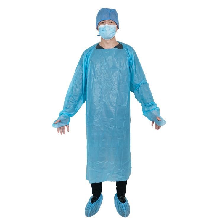 CPE Diposable Plastic Hospital Gown, Blue Waterproof Isolation Gown
