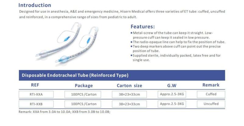China Factory Supply Hisern Disposable Endotracheal Tube (Reinforced Type)