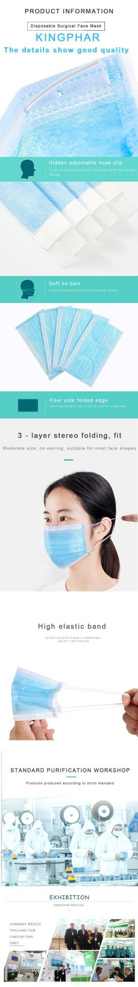 Non Woven Disposable Medical Mask 3 Ply 17.5X9.5cm Blue