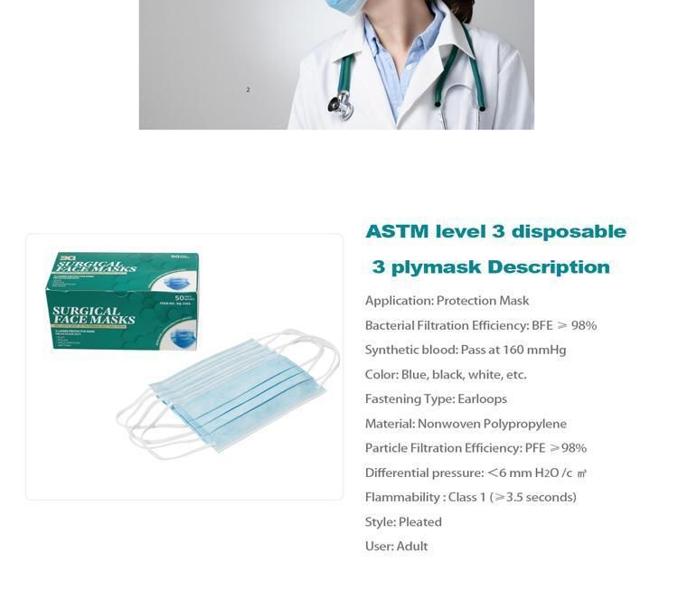 Level 3 Disposable 3 Ply Adult Anti Dust Pm2.5 Virus FDA 510K Approved Non-Woven Fabric Medical Face Mask