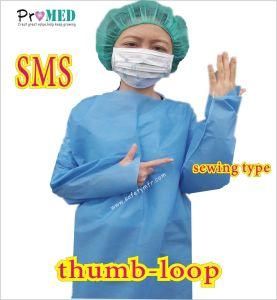 Impervious thumb hook/up gown, Disposable Blue SMS thumb loop gown, sewing sleeve