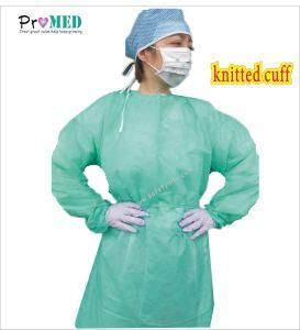 Water proof Blue/Yellow nonwoven/SMS/PE coated disposable isolation gown with knitted cuff