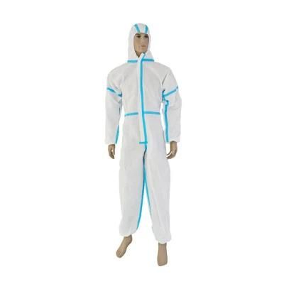 En14126 Cat 3 Microporous Film Sf Type 4 Medical Coverall with Hood Flap