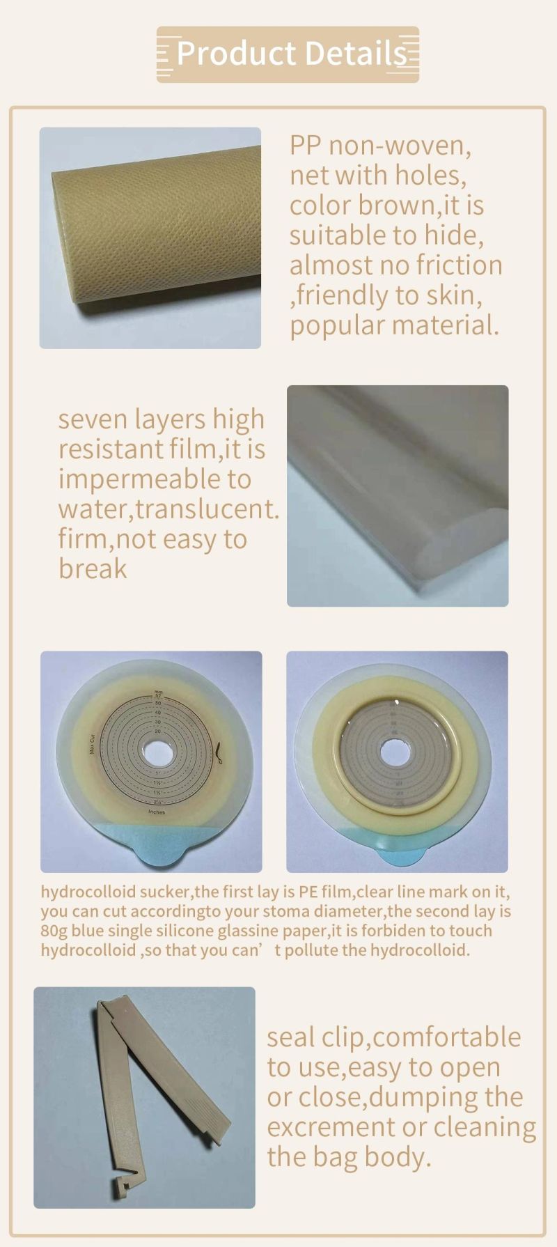 Material Medical Equipment Brown Non-Woven Two Piece Hydrocolloid Ostomy Clip Bag Recycle Illeostomy