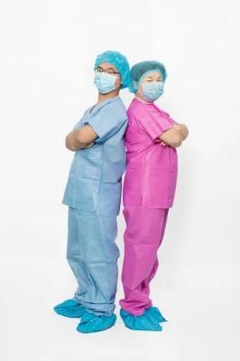 Disposable Spp Non-Woven Scrub Suit with Round Neck and Short Sleeves