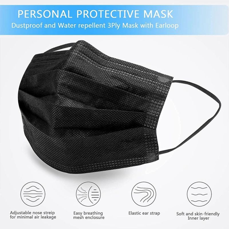 Hospital Antibacterial Medical Masks Fashion Factory Outlet 3ply Ear-Loops Breathable Disposable Medical Black Face Mask for Europe