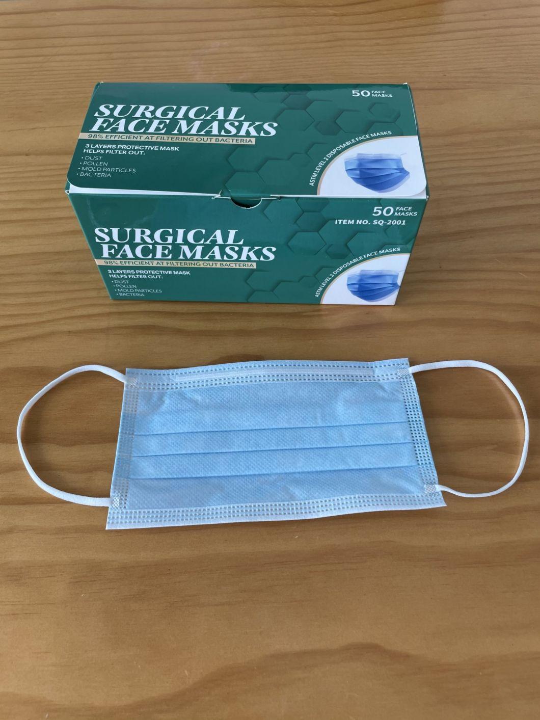 in Stock Bfe 98% 3 Ply Non-Woven Fabric Disposable Anti Splash Dust Pm2.5 Virus FDA 510K CE En149 En14683 Approved Earloop Blue Surgical Face Mask