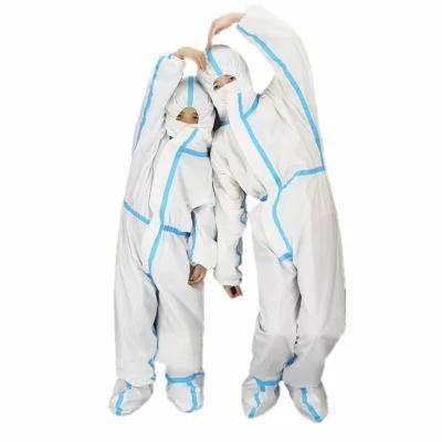 Disposable Medical Microporous White Protective Coverall with Blue Tape