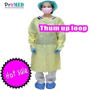 Water-proof, Splash proof resistant impervious Surgical Yellow SMS/PE/CPE thumb hook gown, plastic PE gown with thumb loop