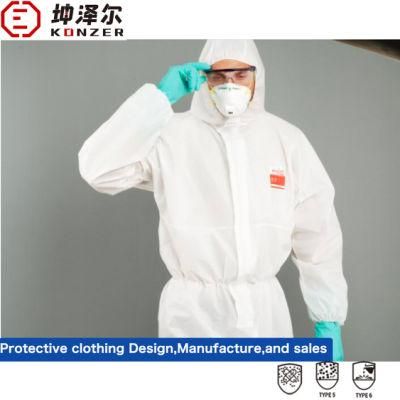 En14126 Type 5/6 Safety Suit Coverall Safety PPE Protective Non Woven Coverall Medical Waterproof Disposable Garments with Hood